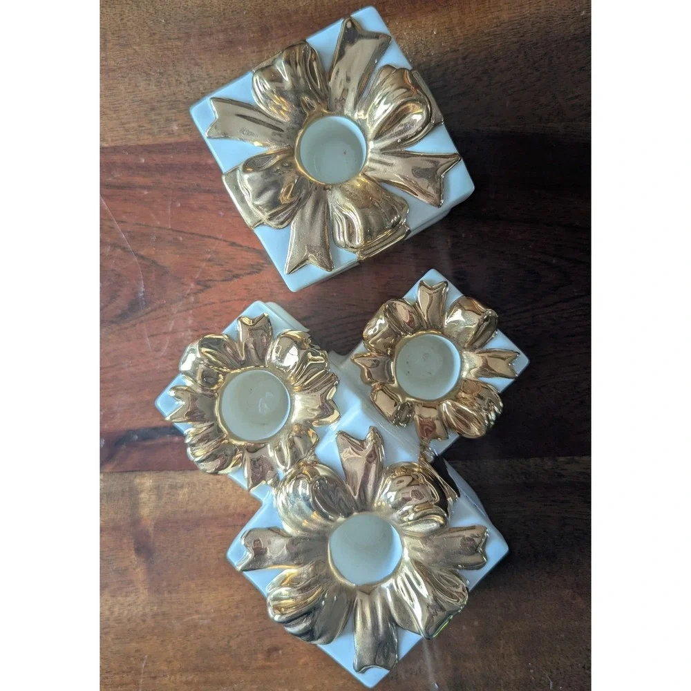 VTG Mikasa Holiday Elegance‎ Fine China Gold Ribbon Gift Box Candle Holder FK001